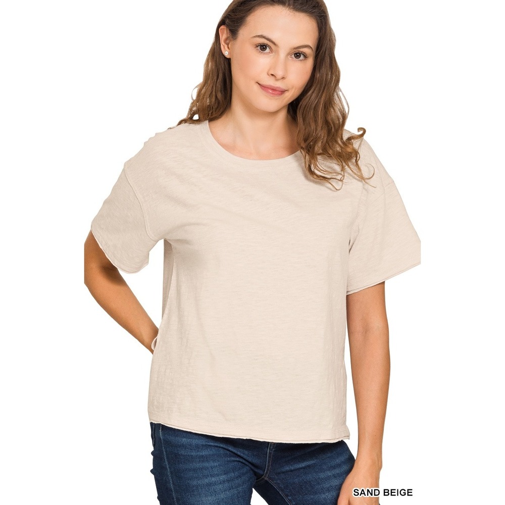 Zenana Cotton slub short sleeve tee Sand Beige T-Shirt Women Large Casual Top